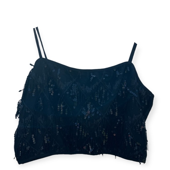 Lishly Black Adjustable Spaghetti Strap Sequined Fringe Crop Top Women's Size 12 - Picture 5 of 8